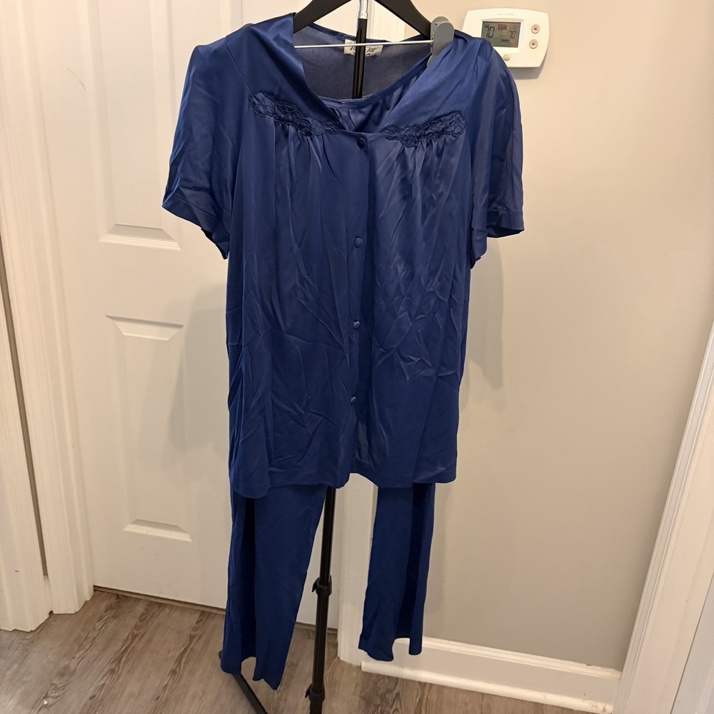Vintage 80s Vanity Fair Pajama Robe Set 3pc L Blue Nylon Tricot Loungewear USA
